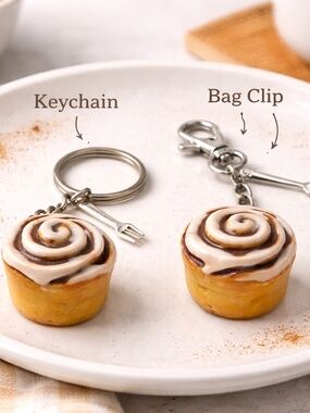 Cinnamon Roll Keychain or Bag Clip – Mini Dessert Charm, Food Keychain